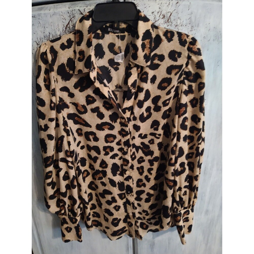 Btfbm Puff Sleeve Leopard Collared Button Up Top … - image 2